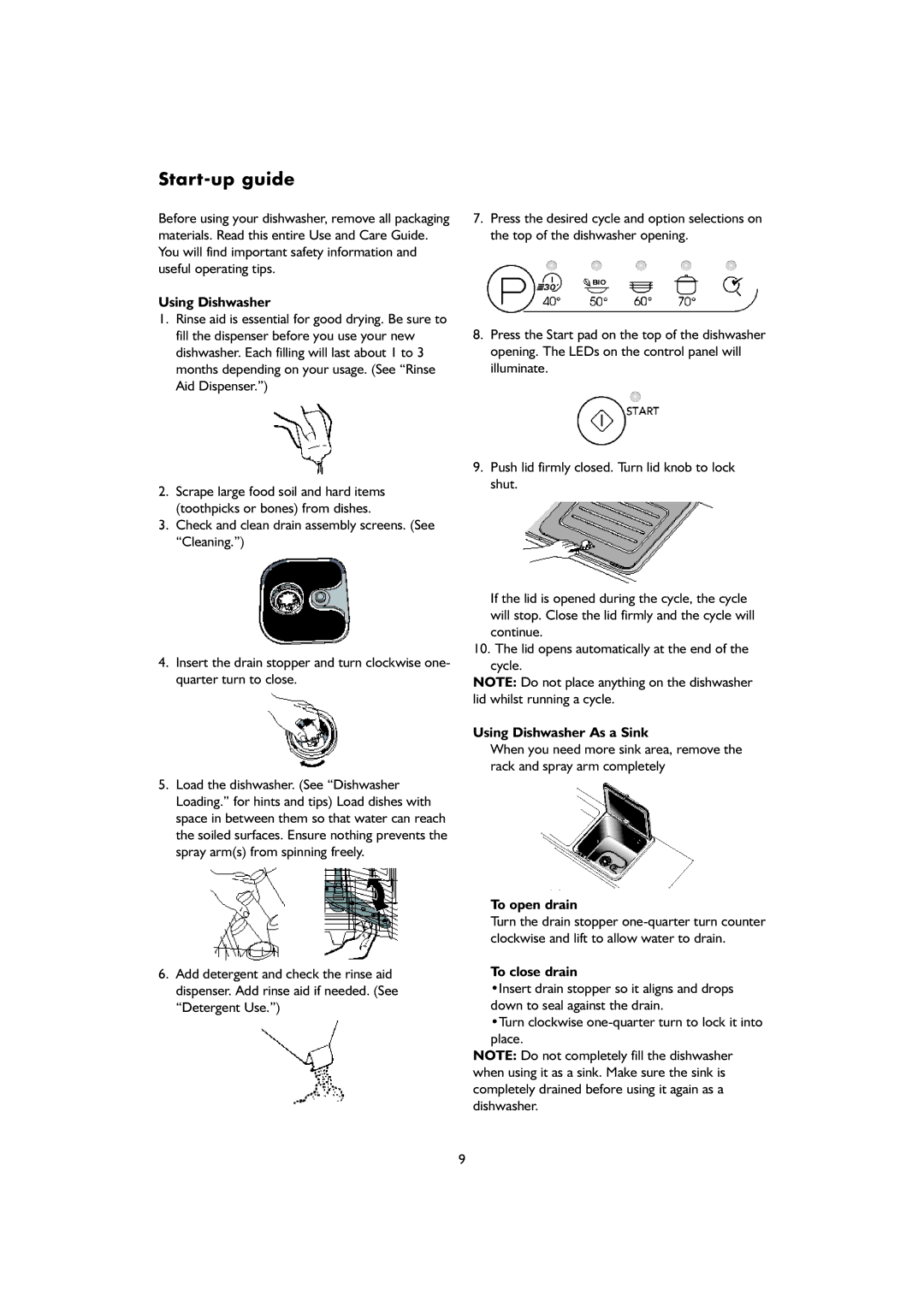 KitchenAid KDIX 8810 manual Start-up guide, Using Dishwasher As a Sink, To open drain, To close drain 