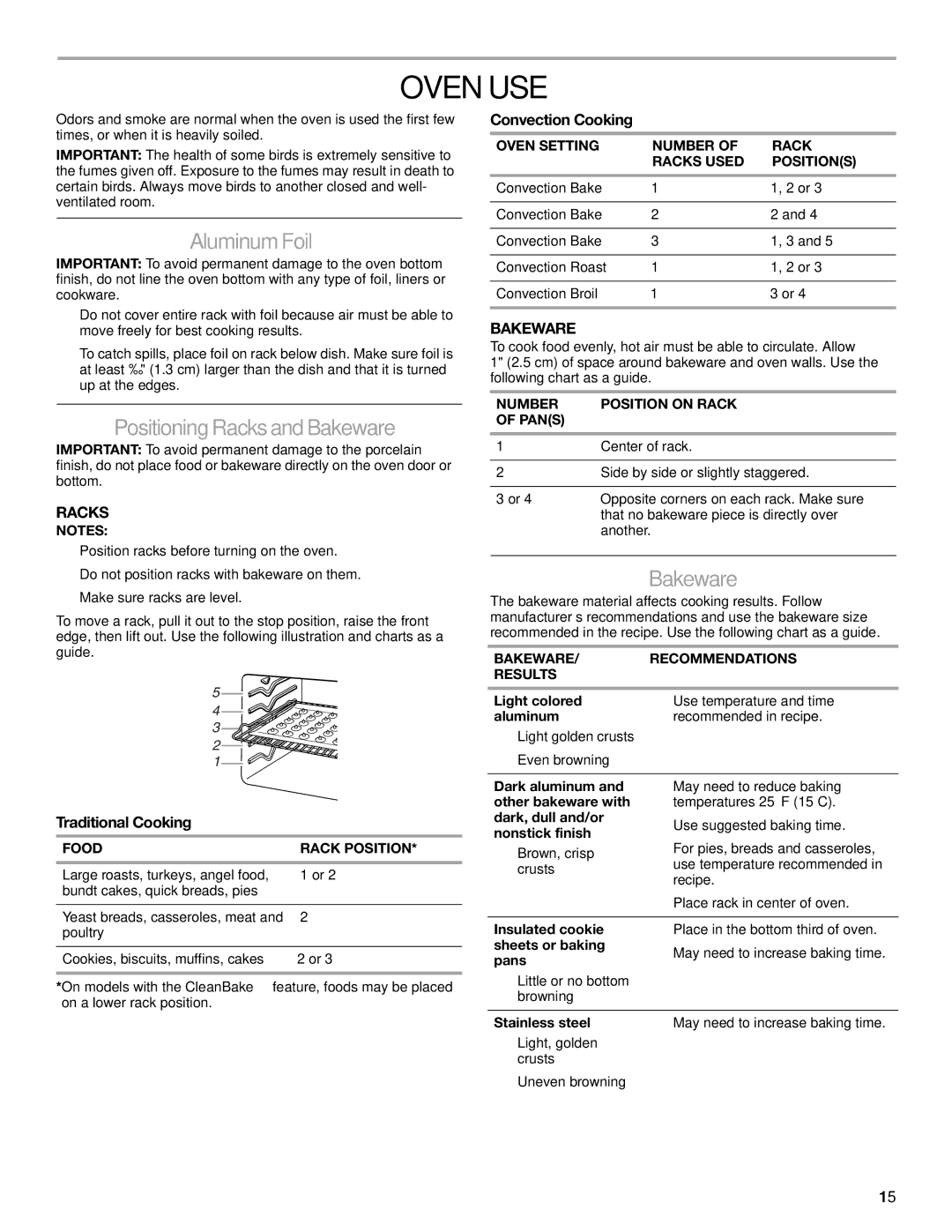 KitchenAid KDRP407 KDRP462 manual Oven USE, Aluminum Foil, Positioning Racks and Bakeware 