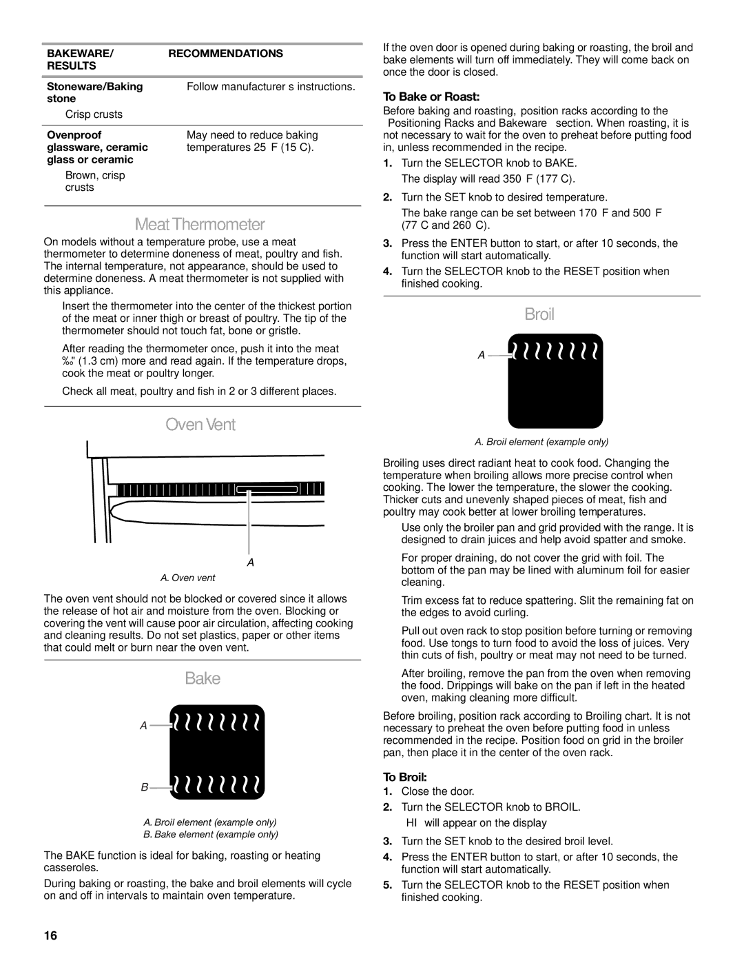 KitchenAid KDRP407 KDRP462 manual MeatThermometer, Broil Oven Vent, To Bake or Roast, To Broil 