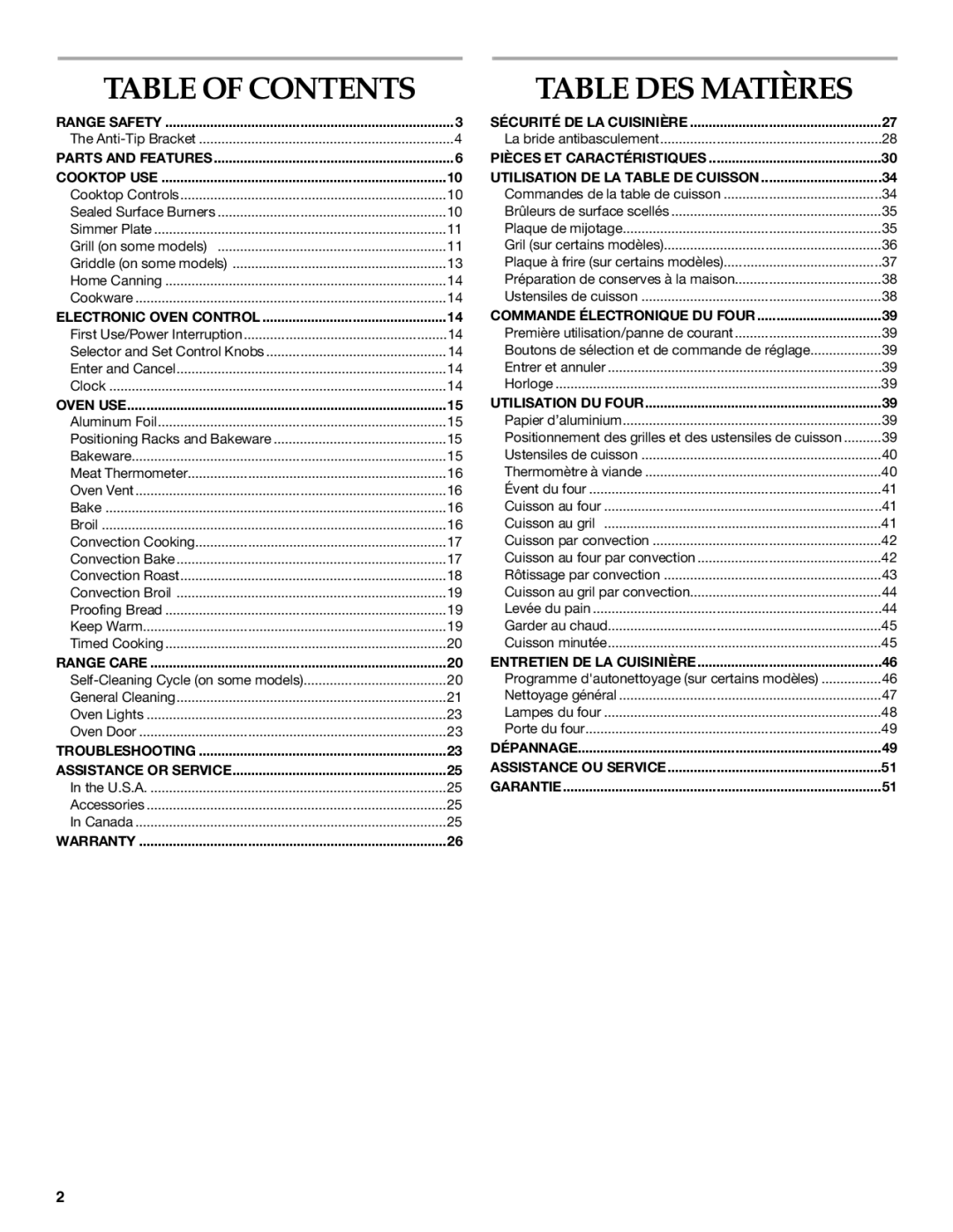 KitchenAid KDRP407 KDRP462 manual Table of Contents, Table DES Matières 