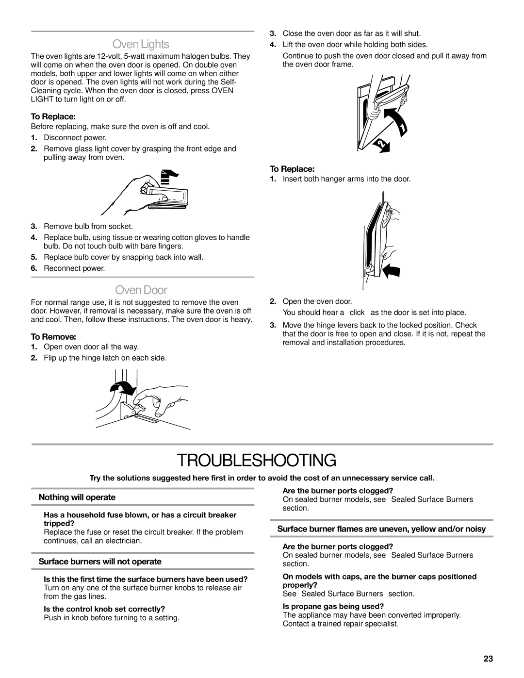 KitchenAid KDRP407 KDRP462 manual Troubleshooting, Oven Lights, Oven Door 