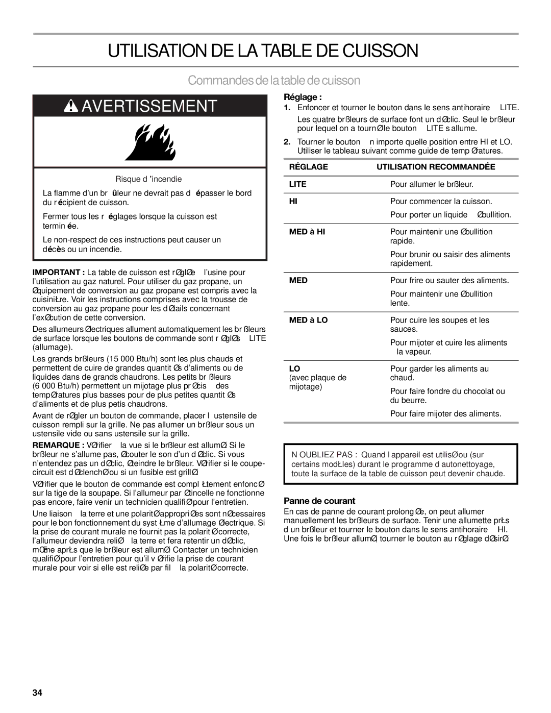 KitchenAid KDRP407 KDRP462 Utilisation DE LA Table DE Cuisson, Commandesde la table de cuisson, Réglage, Panne de courant 