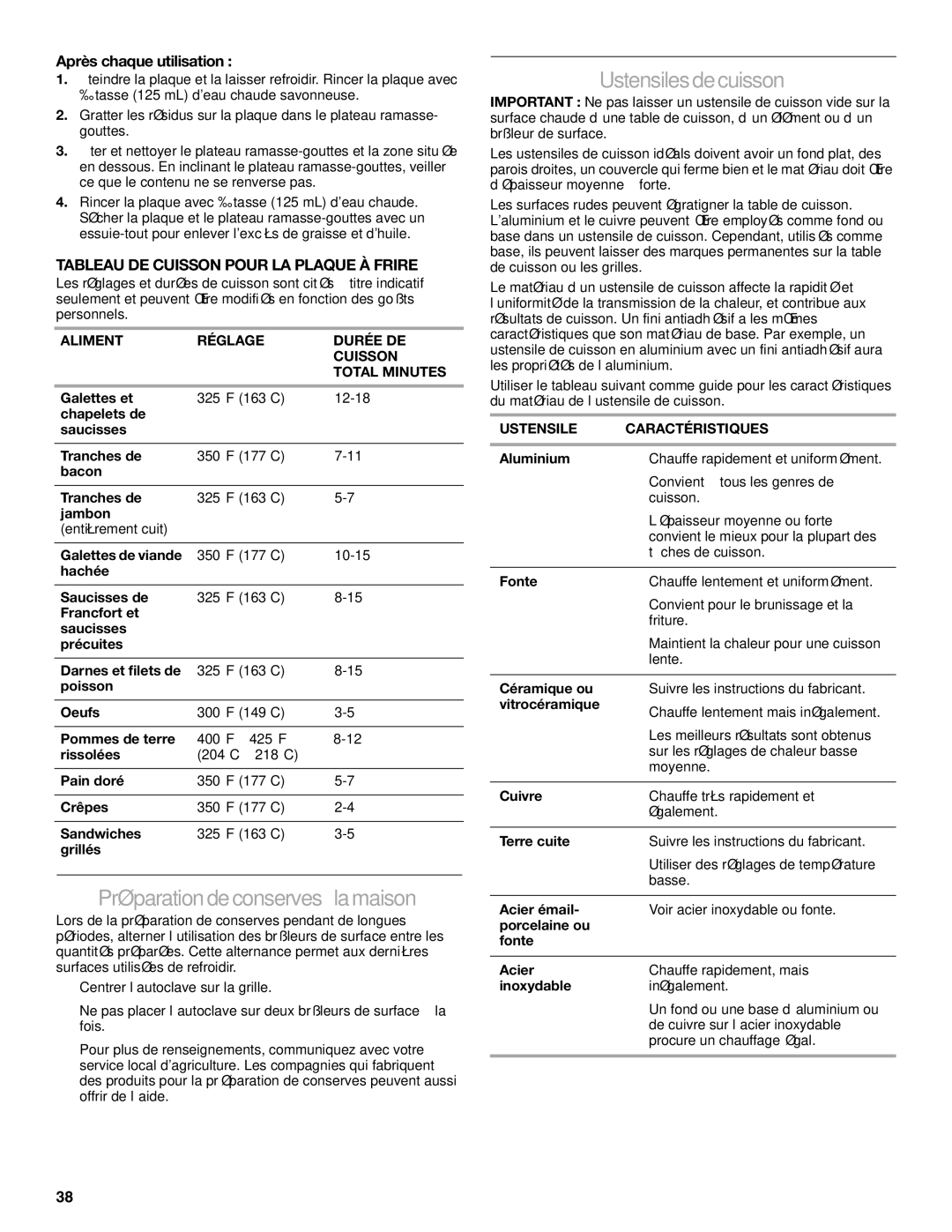 KitchenAid KDRP407 KDRP462 manual Préparation de conservesà la maison, Ustensilesde cuisson, Après chaque utilisation 