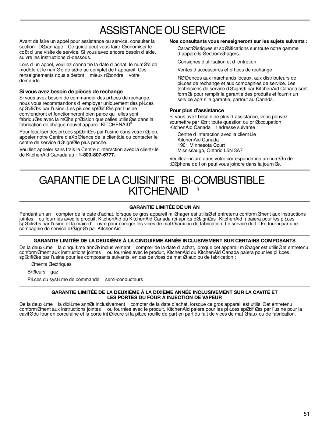 KitchenAid KDRP407 KDRP462 manual Assistance OU Service, Garantie DE LA Cuisinière À BI-COMBUSTIBLE Kitchenaid 