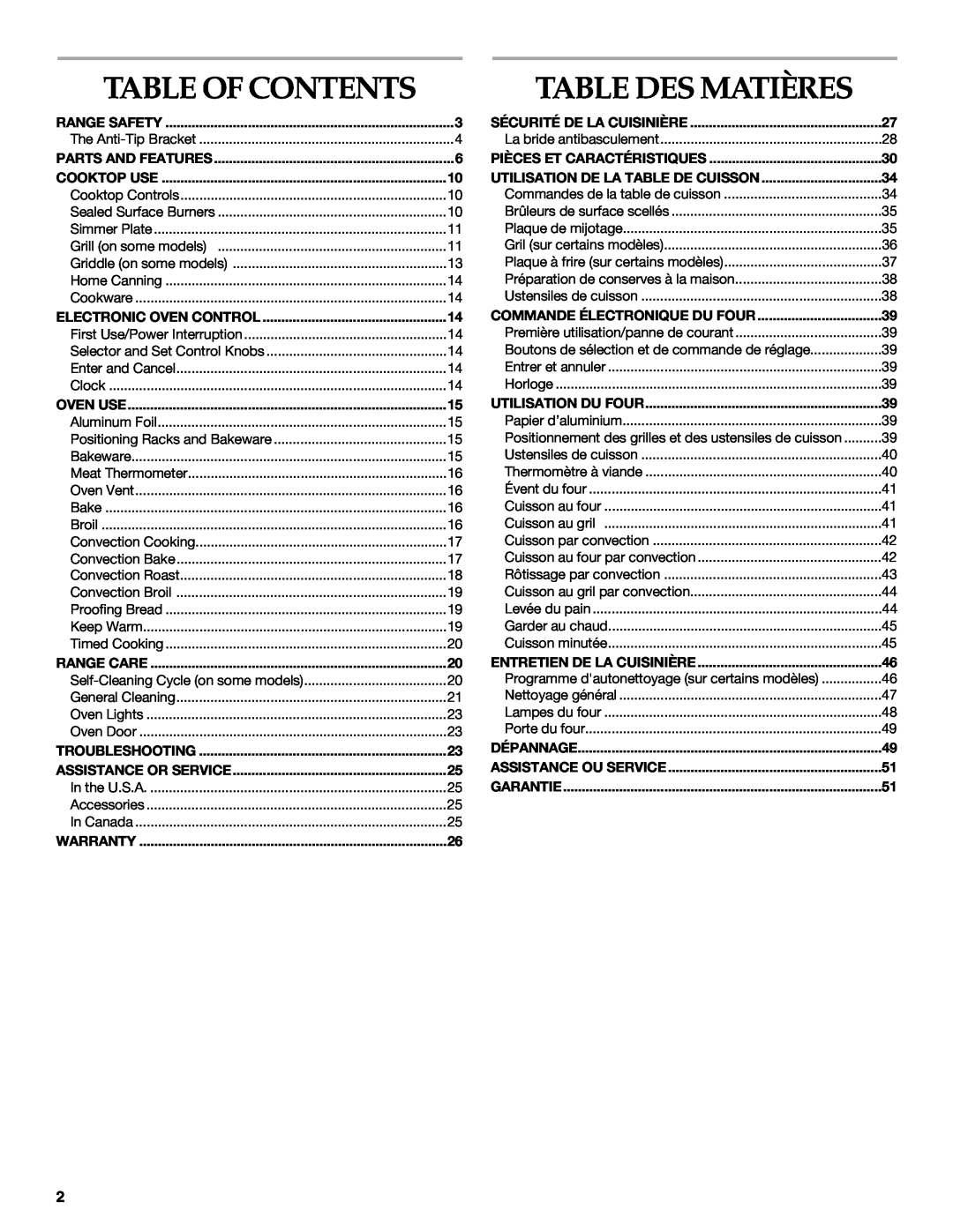KitchenAid KDRP407 KDRP462 manual Table Of Contents, Table Des Matières 