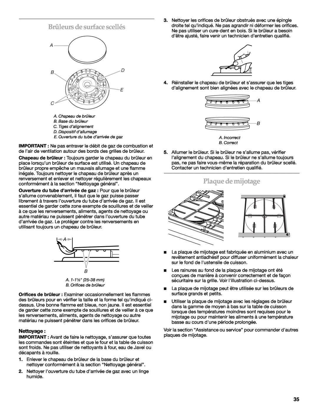 KitchenAid KDRP407 KDRP462 manual Brûleurs de surface scellés, Plaque de mijotage, Nettoyage, Bd E C 