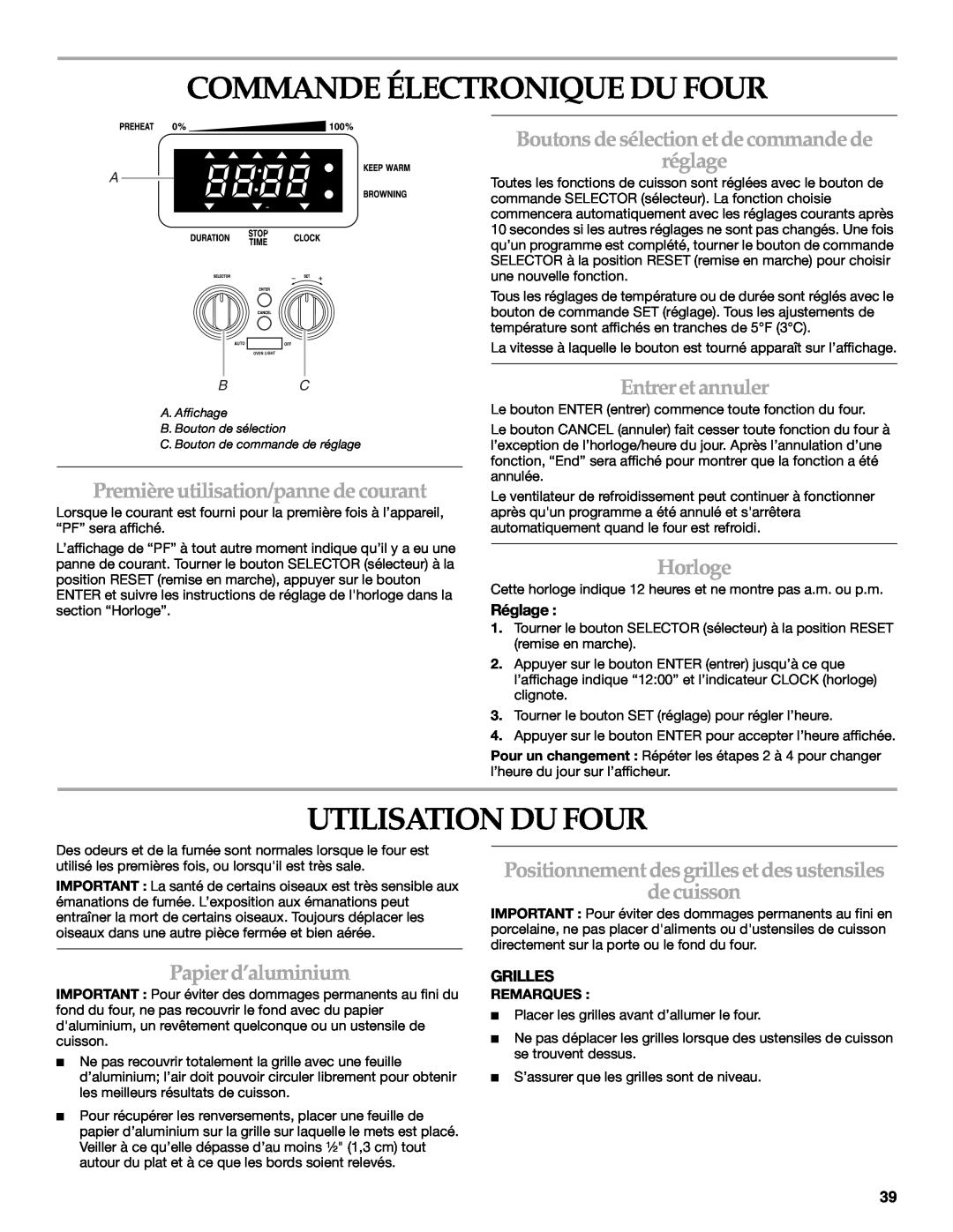 KitchenAid KDRP407 KDRP462 manual Commande Électronique Du Four, Utilisation Du Four, Première utilisation/panne de courant 