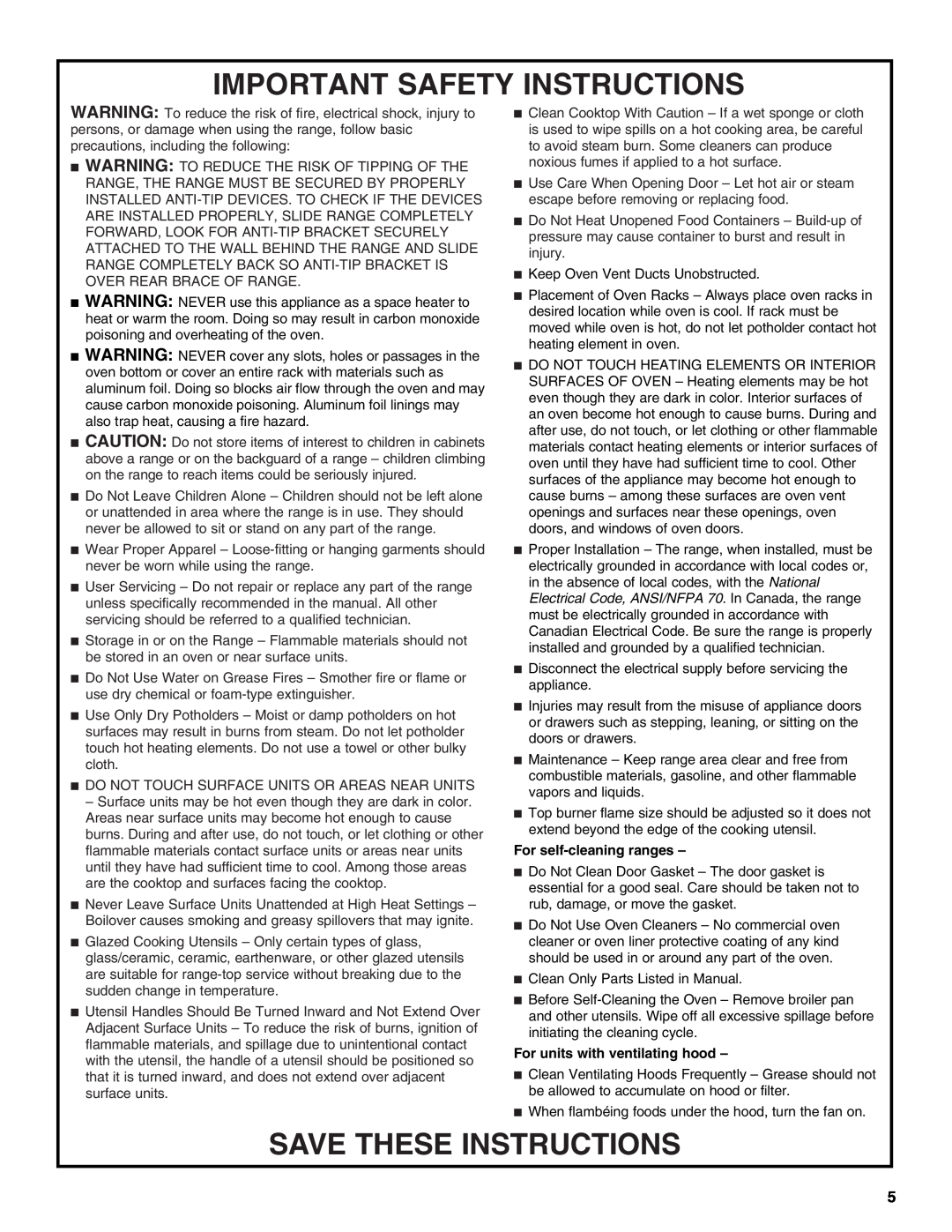 KitchenAid KDRP407 KDRP462 manual Important Safety Instructions, Save These Instructions, For self-cleaning ranges 