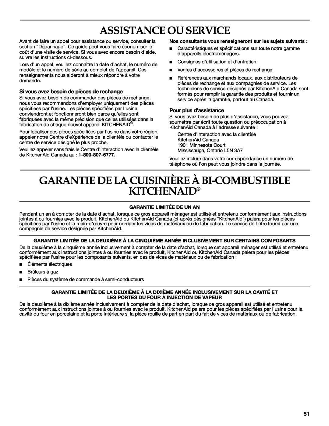 KitchenAid KDRP407 KDRP462 manual Assistance Ou Service, Garantie De La Cuisinière À Bi-Combustible Kitchenaid 