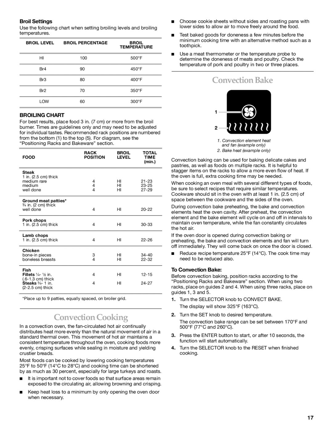 KitchenAid KDRP407 manual Convection Cooking, Broil Settings, Broiling Chart, To Convection Bake 