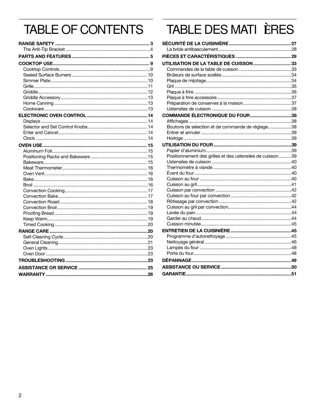 KitchenAid KDRP407 manual Table of Contents, Table DES Matières 