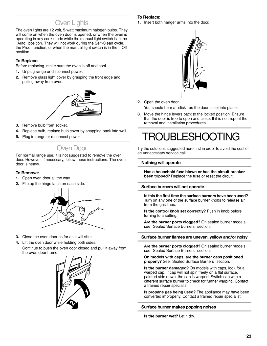 KitchenAid KDRP407 manual Troubleshooting, Oven Lights, Oven Door 