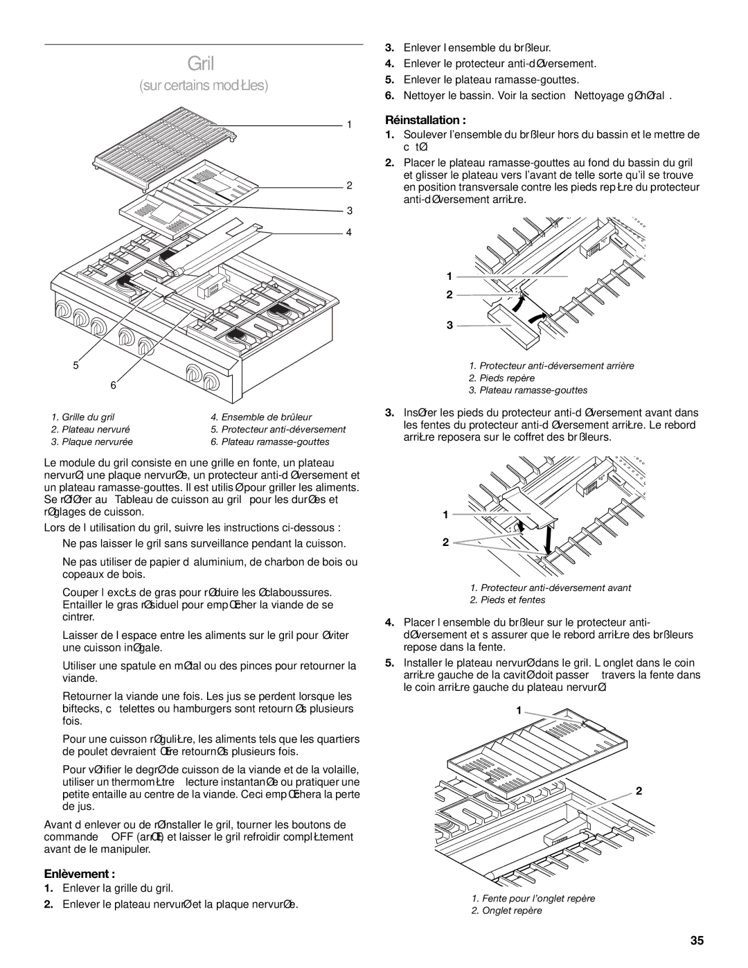 KitchenAid KDRP407 manual Gril, Enlèvement, Réinstallation 