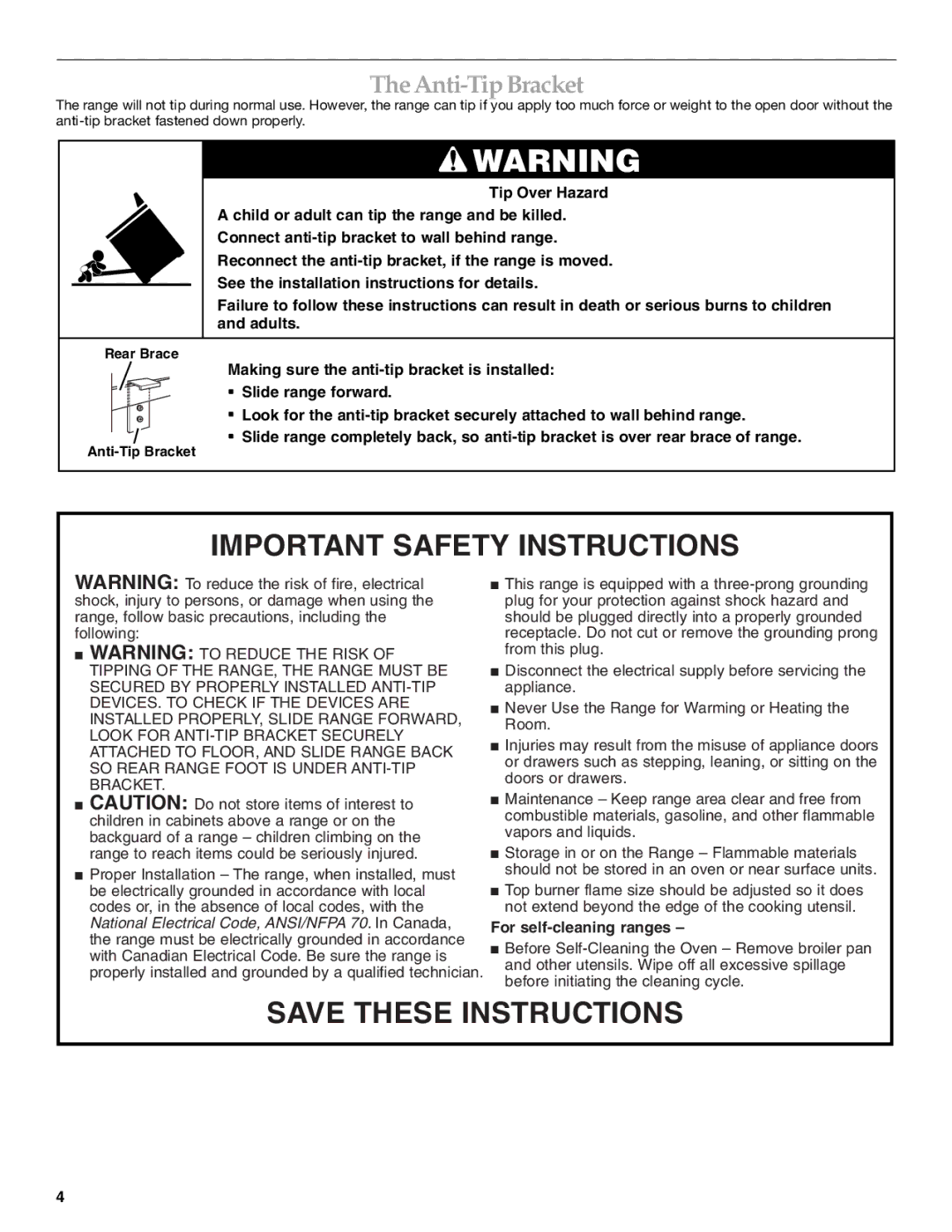 KitchenAid KDRP407 manual Important Safety Instructions, Anti-Tip Bracket 