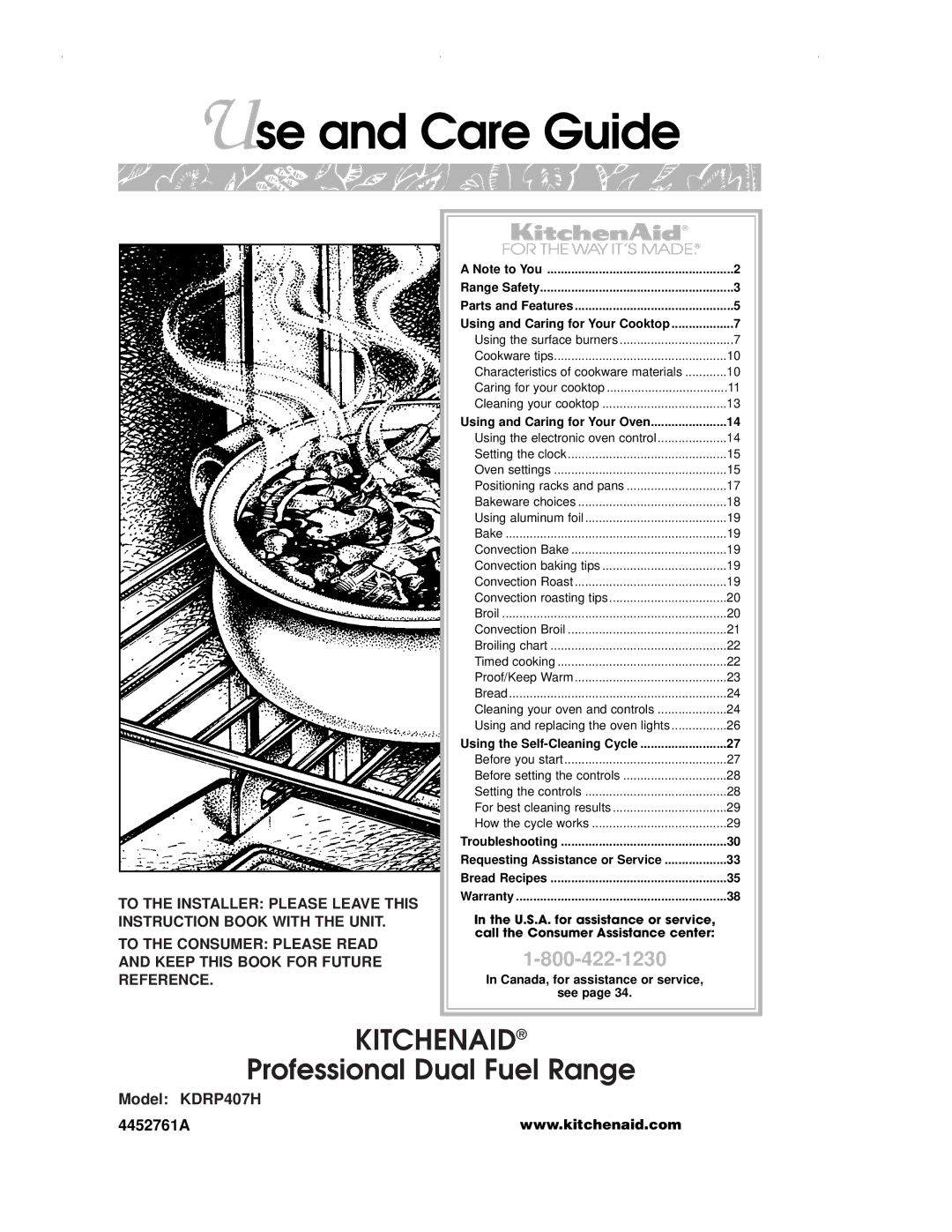 KitchenAid warranty Use and Care Guide, Model KDRP407H 4452761A 