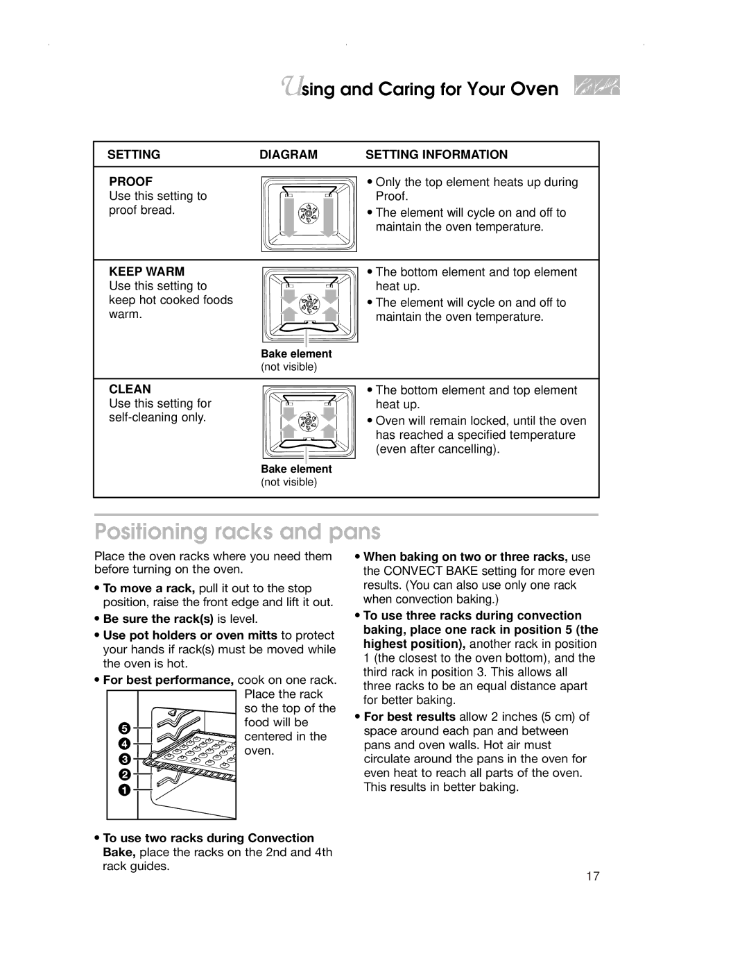 KitchenAid KDRP407H warranty Positioning racks and pans, Setting Diagram Setting Information Proof, Clean 