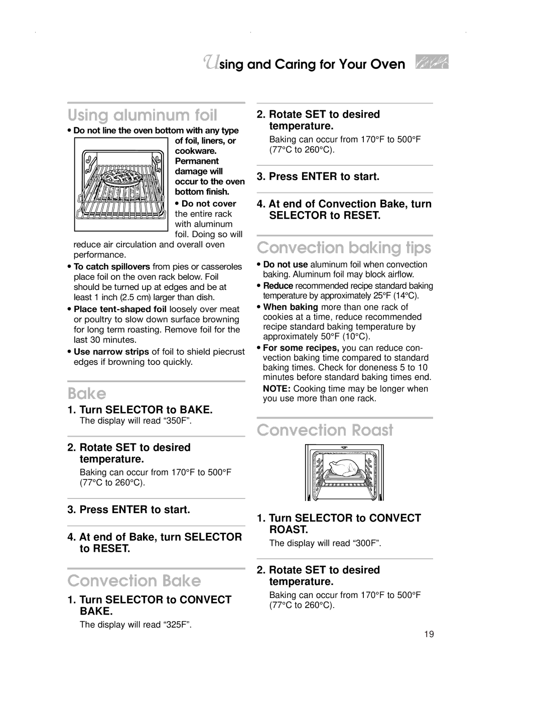 KitchenAid KDRP407H warranty Using aluminum foil, Convection Bake, Convection baking tips, Convection Roast 