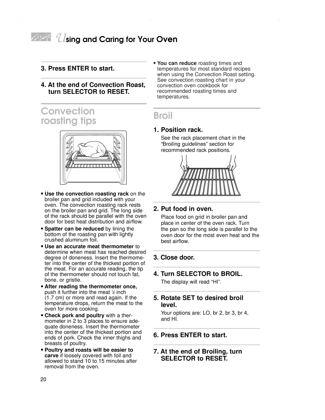 KitchenAid KDRP407H warranty Convection roasting tips, Broil 