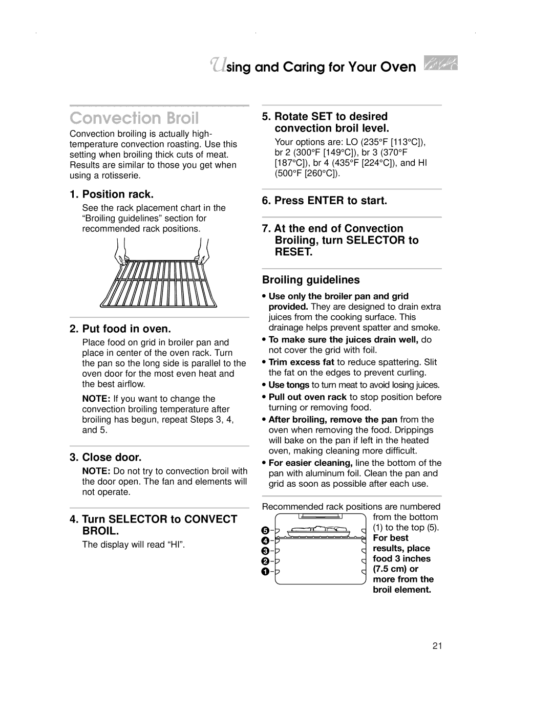 KitchenAid KDRP407H warranty Convection Broil, Rotate SET to desired convection broil level, Broiling guidelines 