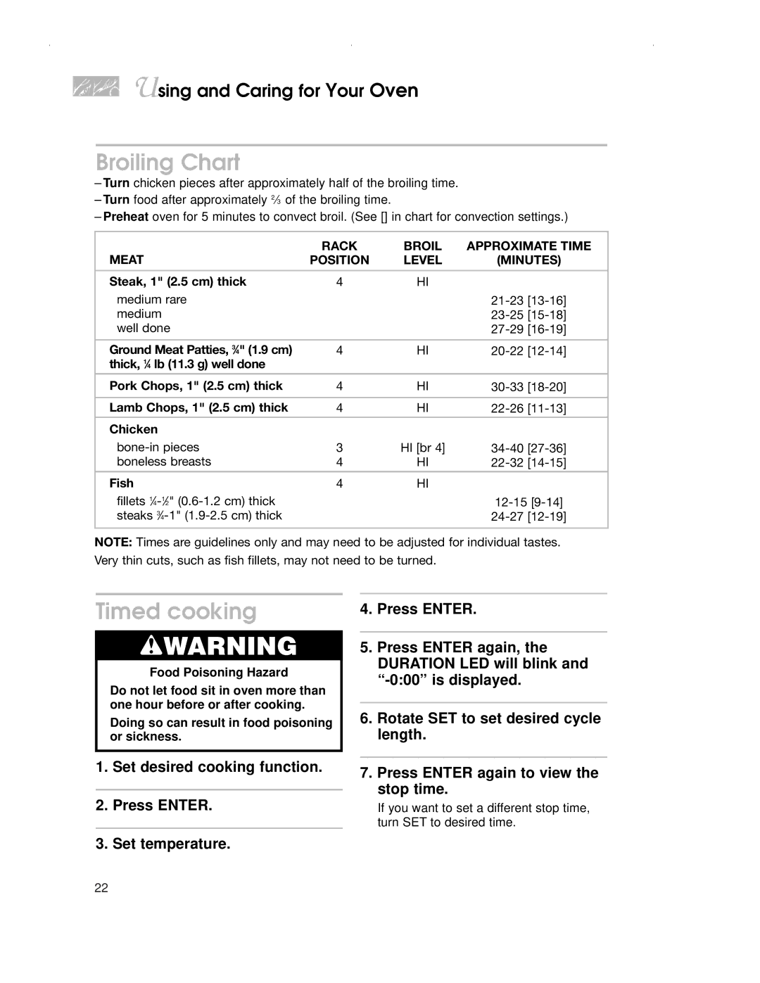 KitchenAid KDRP407H warranty Broiling Chart, Timed cooking 