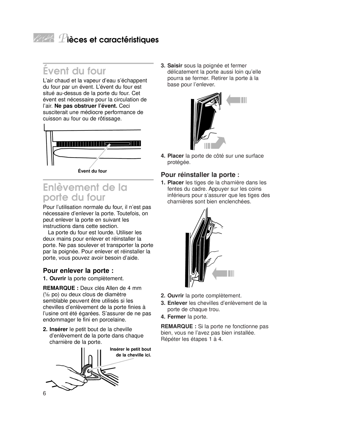 KitchenAid KDRP407H Évent du four, Enlèvement de la porte du four, Pour enlever la porte, Pour réinstaller la porte 