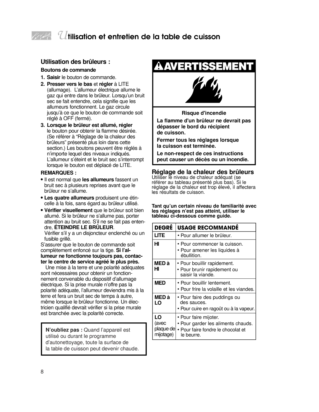 KitchenAid KDRP407H warranty Utilisation et entretien de la table de cuisson, Utilisation des brûleurs 