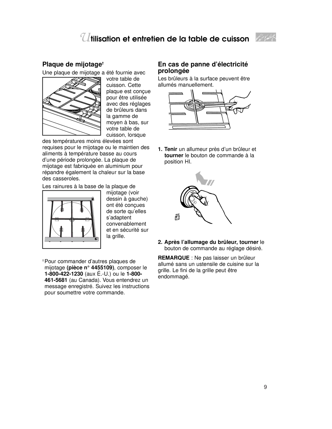 KitchenAid KDRP407H warranty Plaque de mijotage†, En cas de panne d’électricité prolongée 