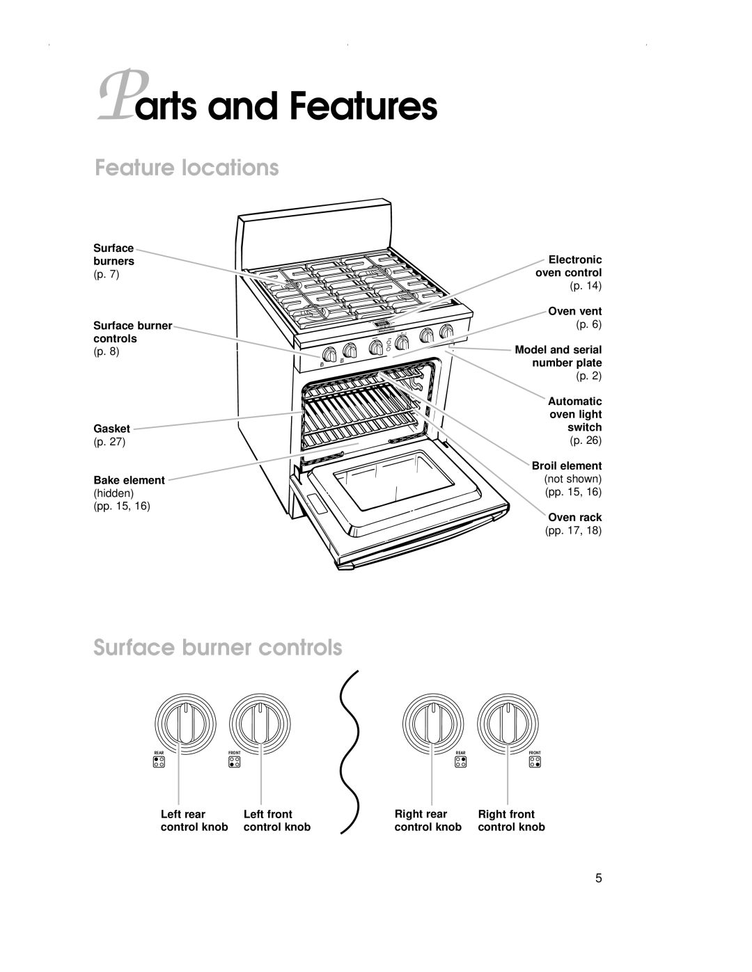 KitchenAid KDRP407H warranty Parts and Features, Feature locations, Surface burner controls 