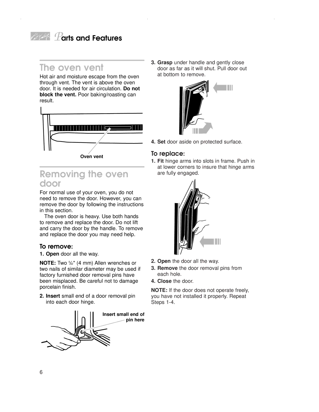 KitchenAid KDRP407H warranty Oven vent, Removing the oven door, Parts and Features 