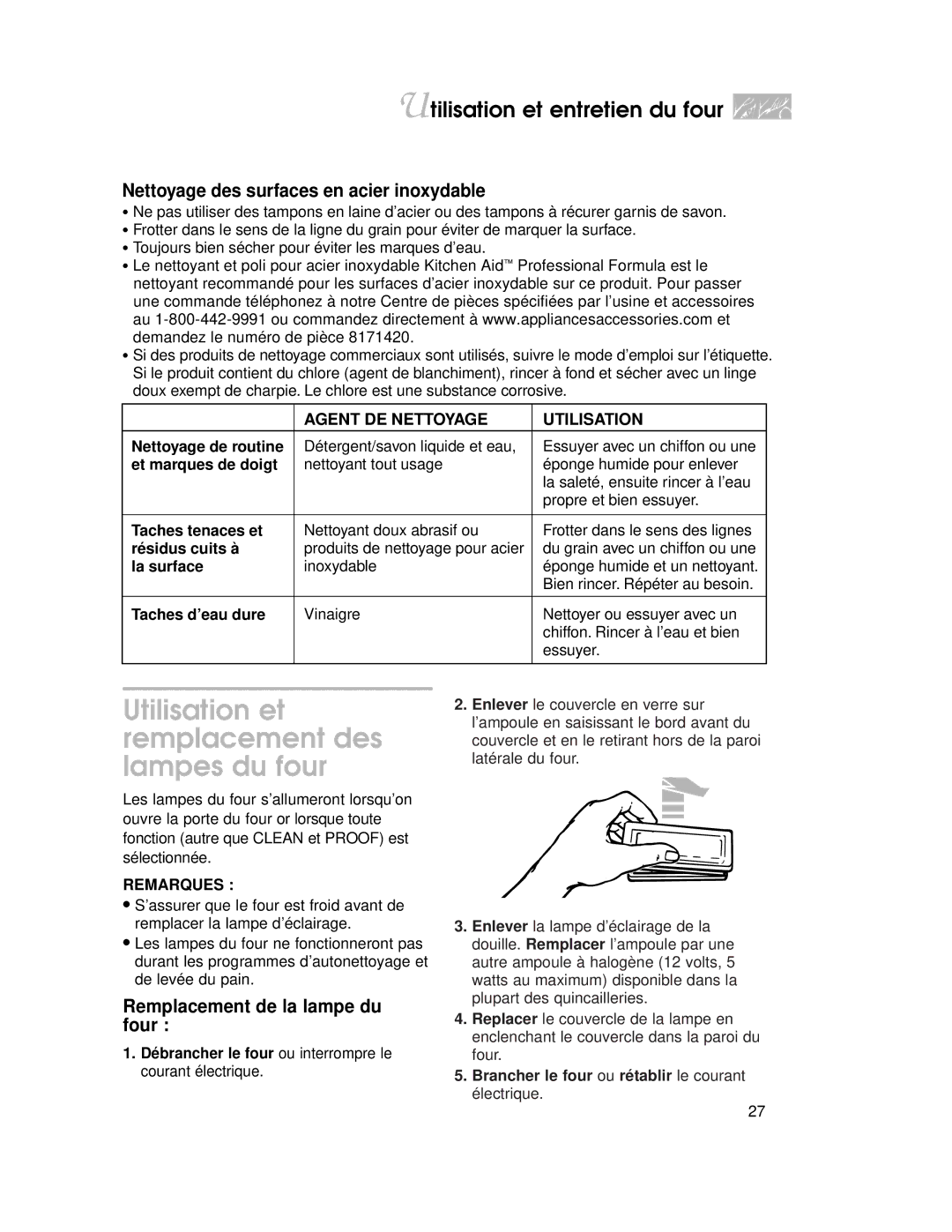 KitchenAid KDRP407H warranty Utilisation et remplacement des lampes du four, Nettoyage des surfaces en acier inoxydable 