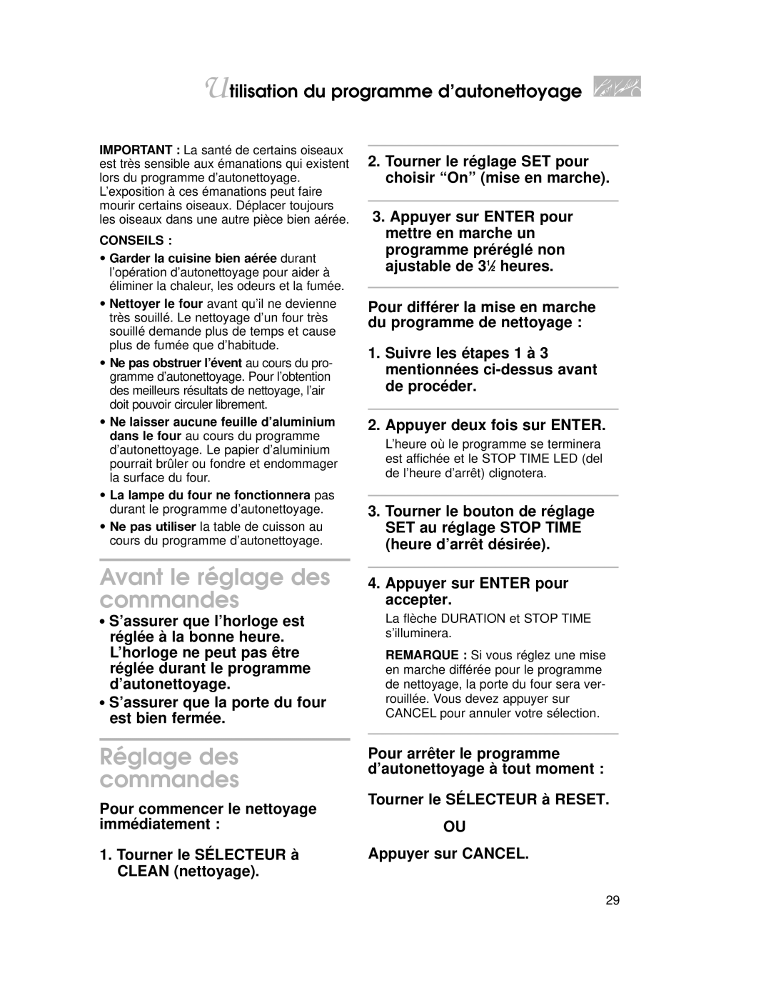 KitchenAid KDRP407H Avant le réglage des commandes, Réglage des commandes, Utilisation du programme d’autonettoyage 