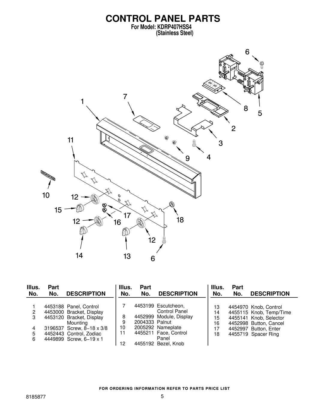 KitchenAid KDRP407HSS manual Control Panel Parts 