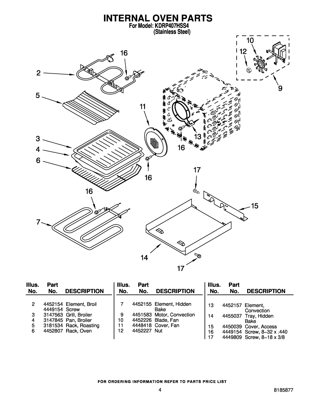 KitchenAid manual Internal Oven Parts, For Model KDRP407HSS4 Stainless Steel, Illus. Part No. No. DESCRIPTION 