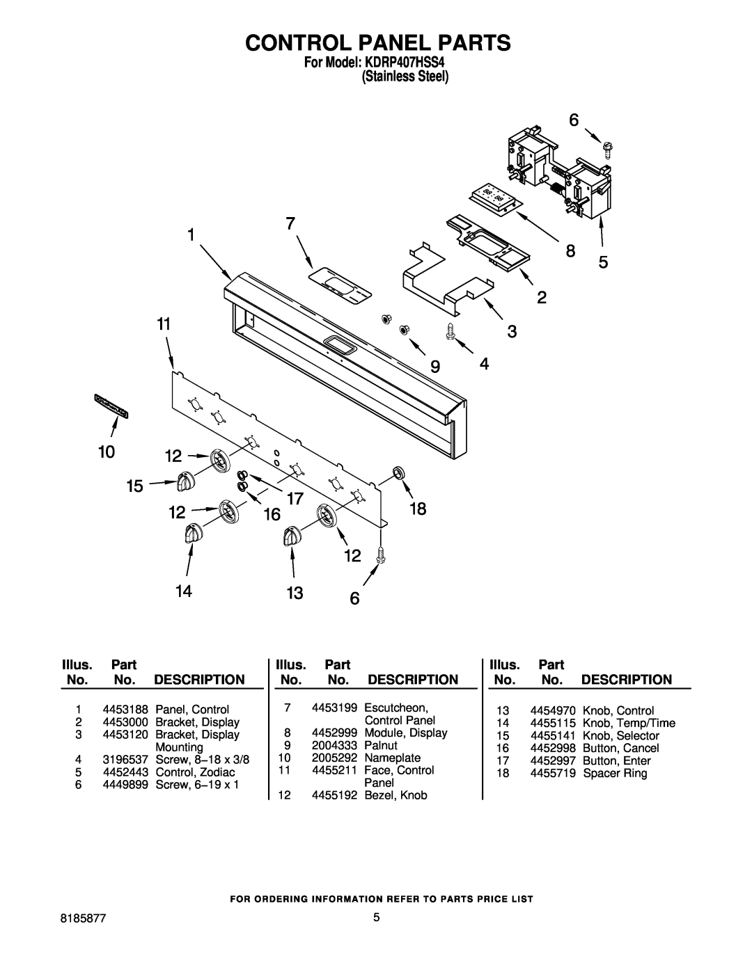 KitchenAid manual Control Panel Parts, For Model KDRP407HSS4 Stainless Steel, Illus. Part No. No. DESCRIPTION 