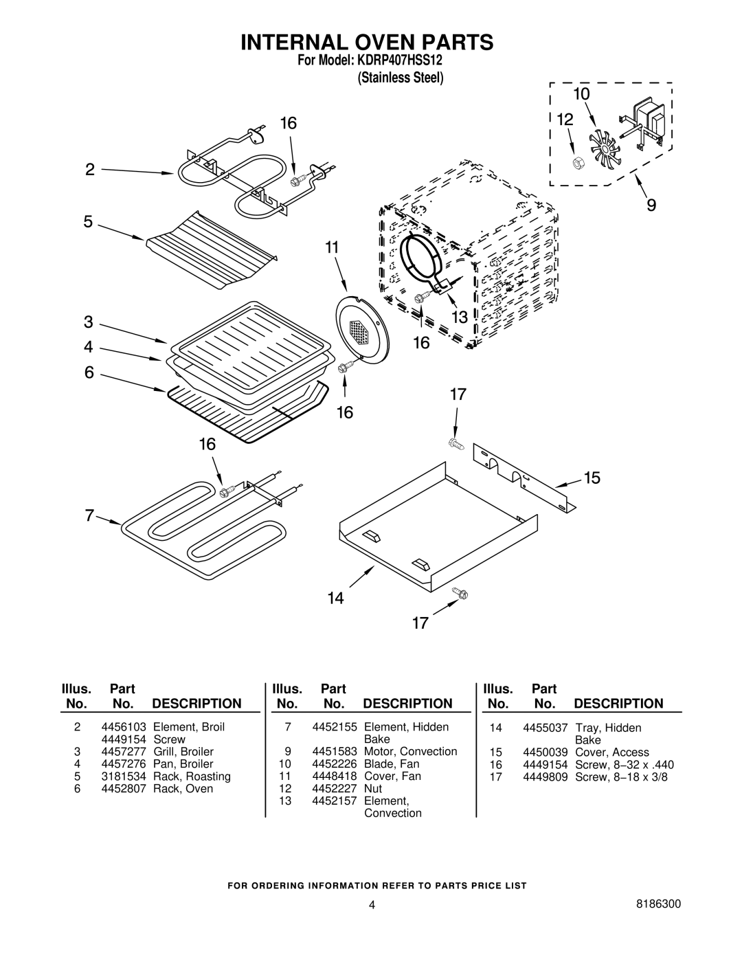 KitchenAid manual Internal Oven Parts, For Model KDRP407HSS12 Stainless Steel 