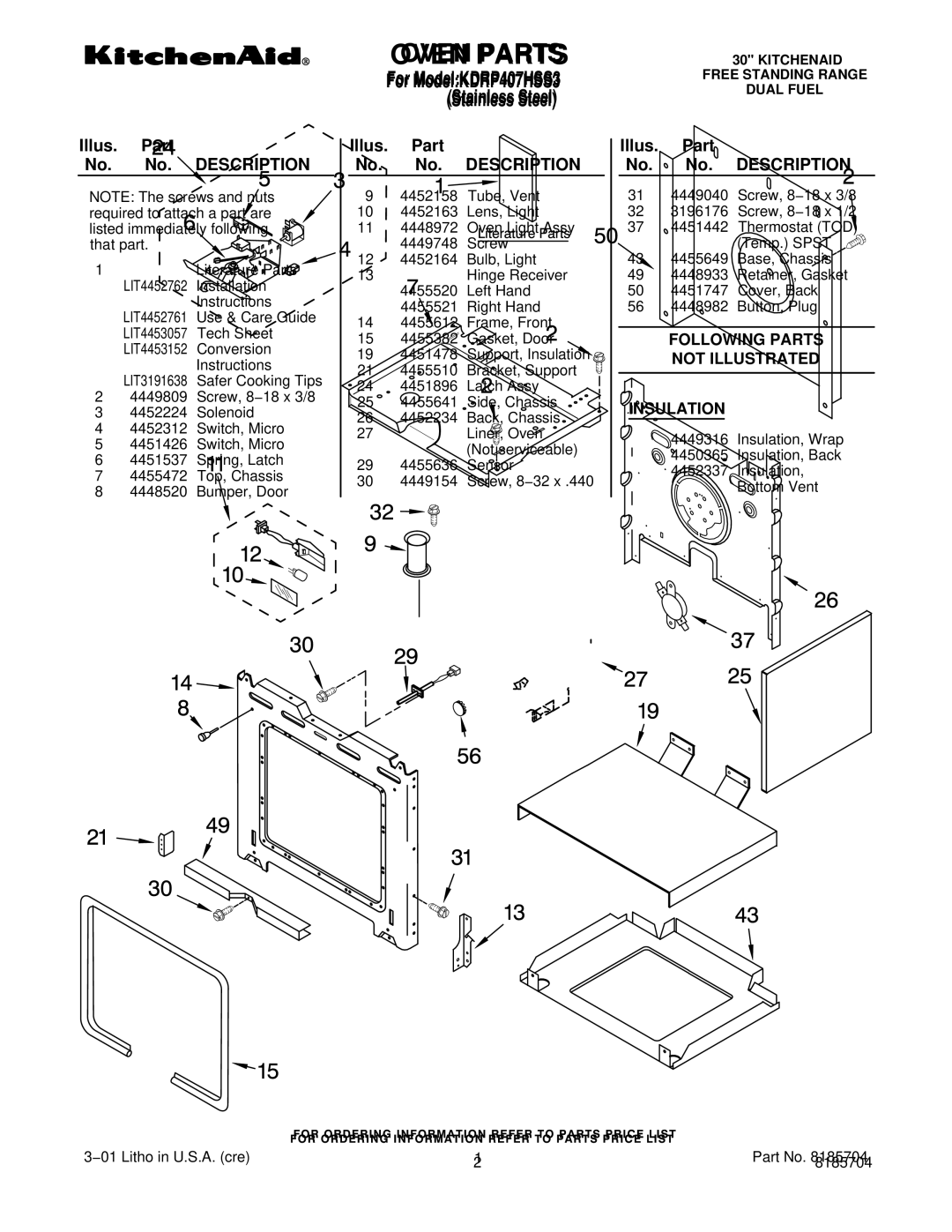 KitchenAid KDRP407HSS3 manual Oven Parts, Illus. Part No. No. Description 