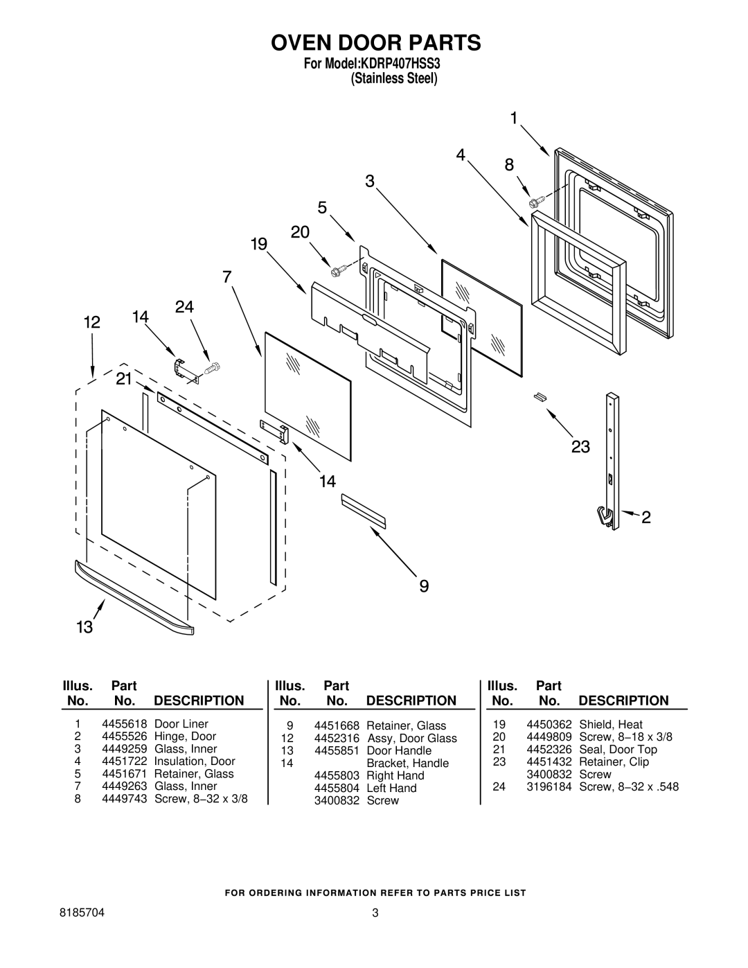 KitchenAid manual Oven Door Parts, For ModelKDRP407HSS3 Stainless Steel 