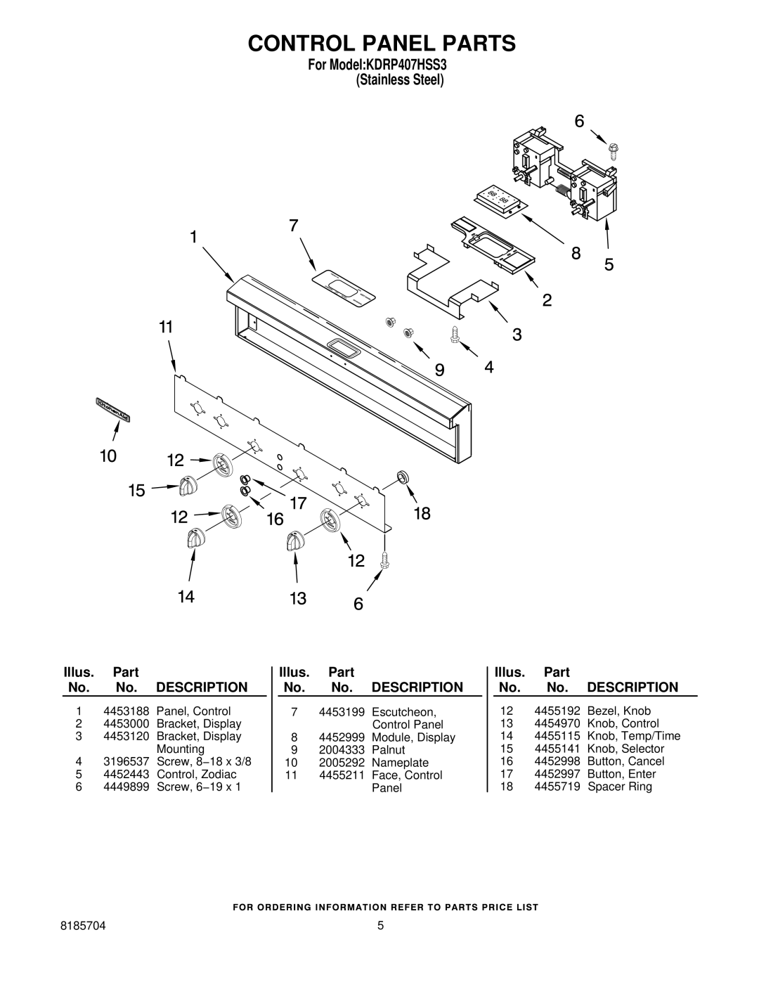 KitchenAid KDRP407HSS3 manual Control Panel Parts 