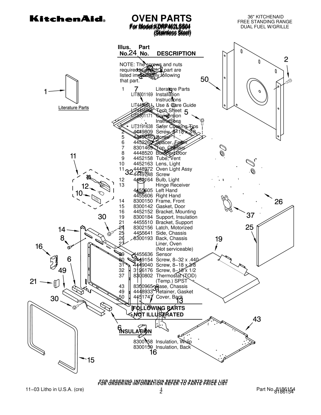 KitchenAid KDRP462LSS04 manual Oven Parts, Illus. Part No. No. Description 