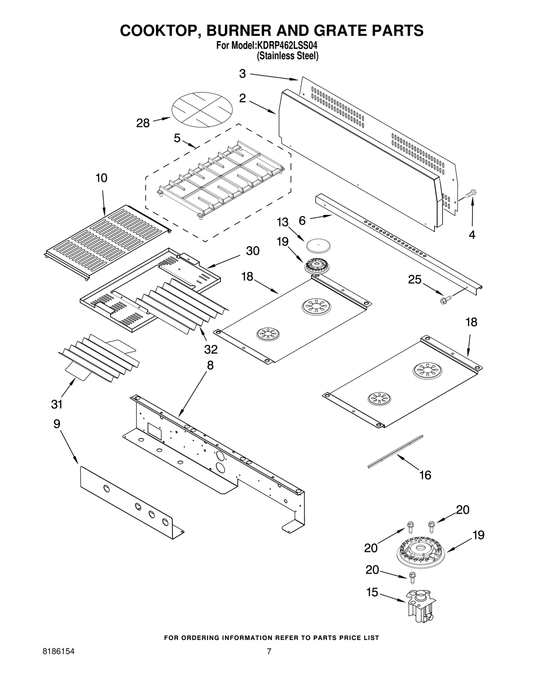 KitchenAid KDRP462LSS04 manual COOKTOP, Burner and Grate Parts 