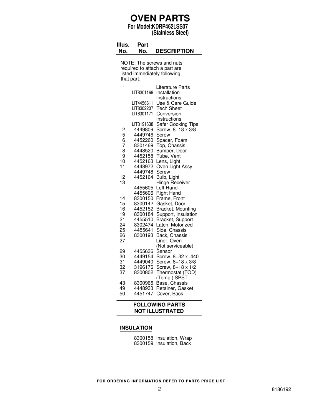 KitchenAid KDRP462LSS07 manual Oven Parts, Illus. Part No. No. Description 