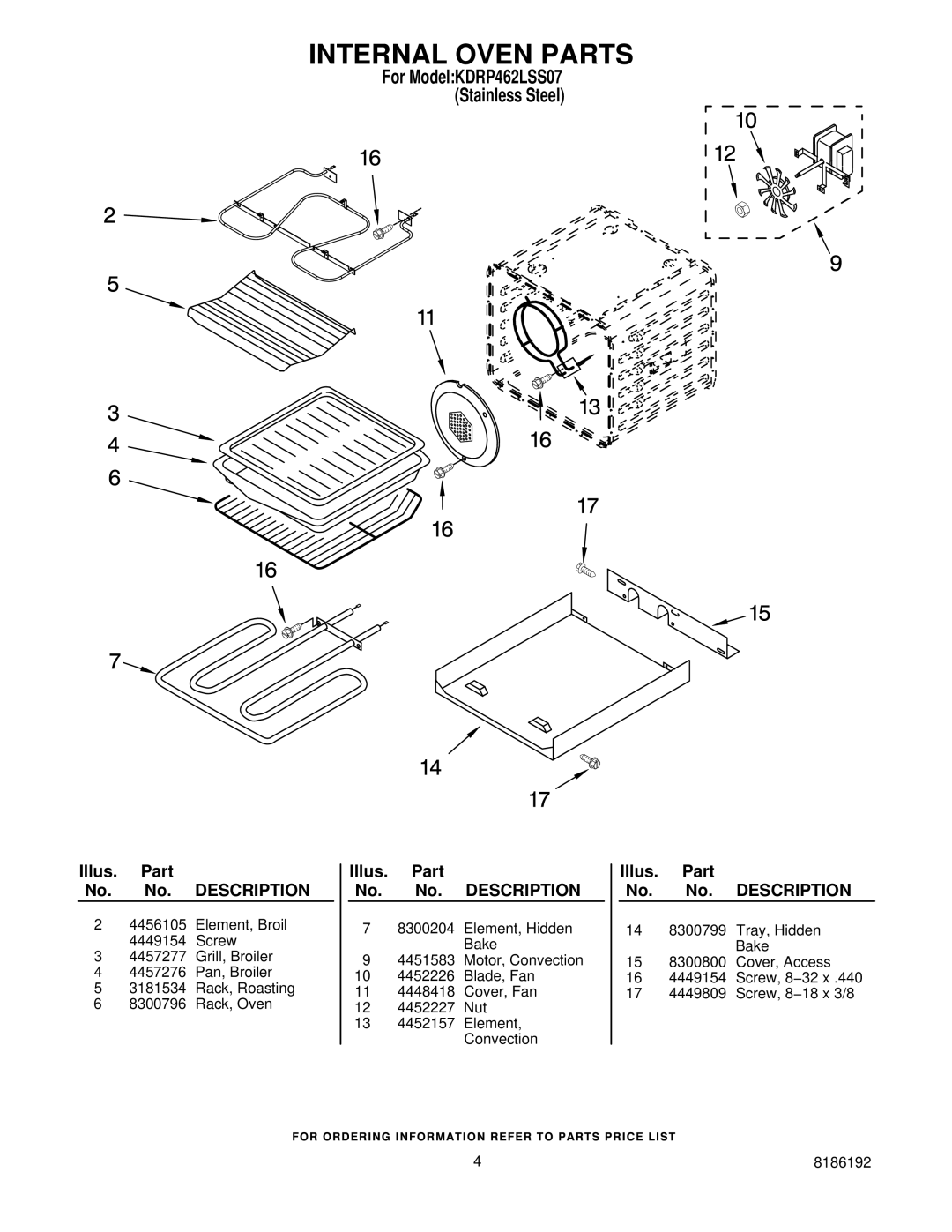 KitchenAid manual Internal Oven Parts, For ModelKDRP462LSS07 Stainless Steel 