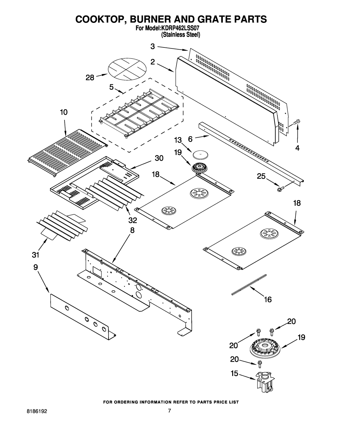 KitchenAid manual Cooktop, Burner And Grate Parts, For ModelKDRP462LSS07 Stainless Steel 