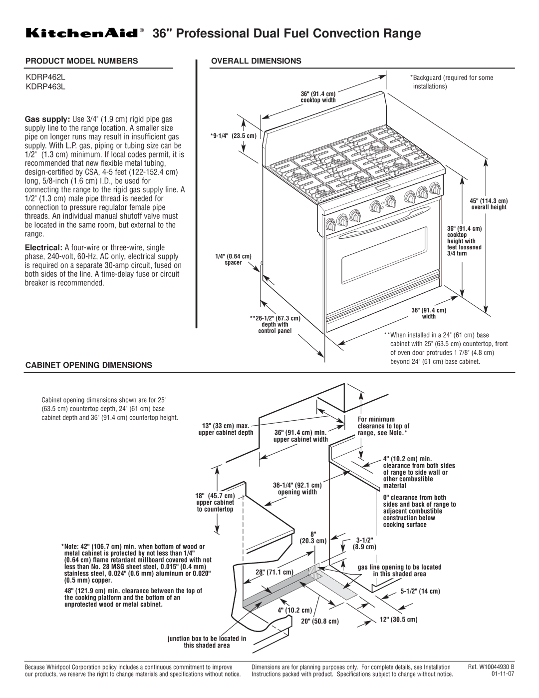 KitchenAid KDRP462L, KDRP463L dimensions Professional Dual Fuel Convection Range, Product Model Numbers Overall Dimensions 