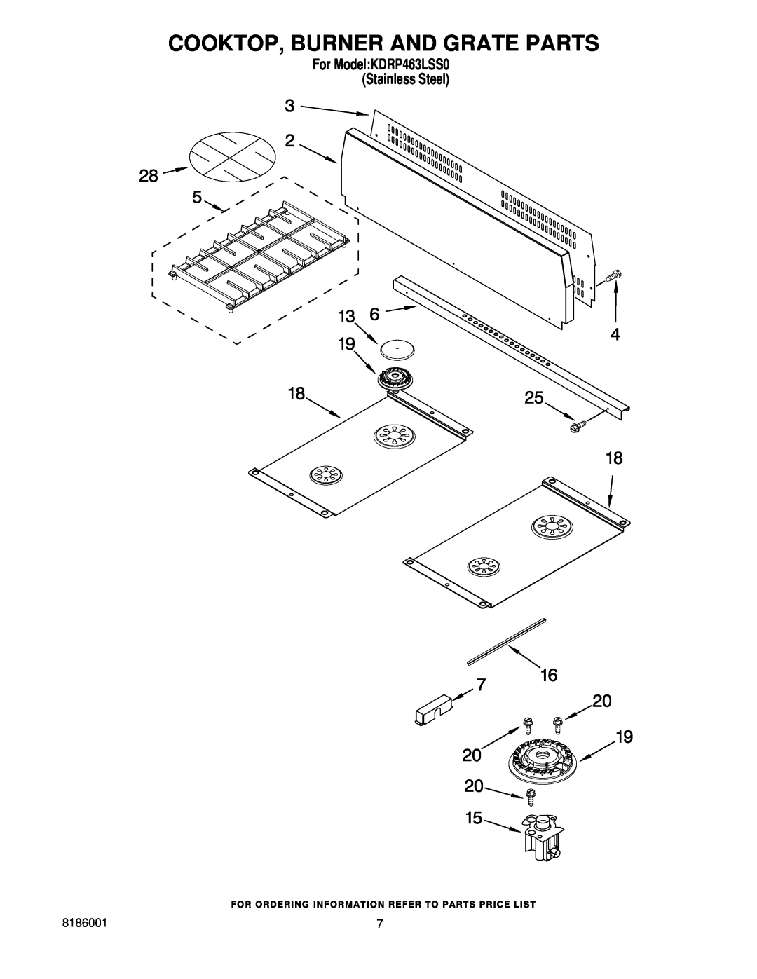 KitchenAid manual Cooktop, Burner And Grate Parts, For ModelKDRP463LSS0 Stainless Steel 