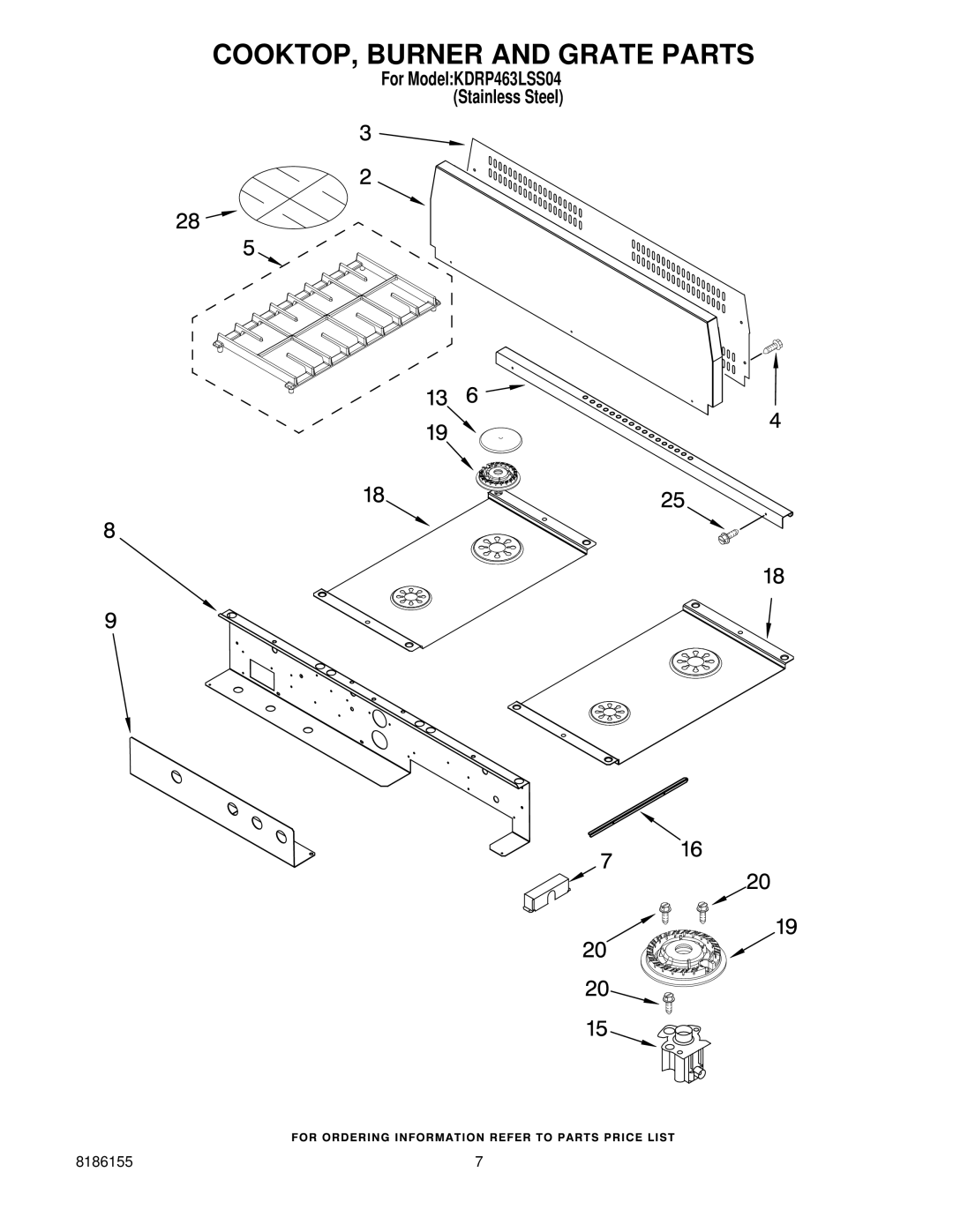 KitchenAid KDRP463LSS04 manual COOKTOP, Burner and Grate Parts 