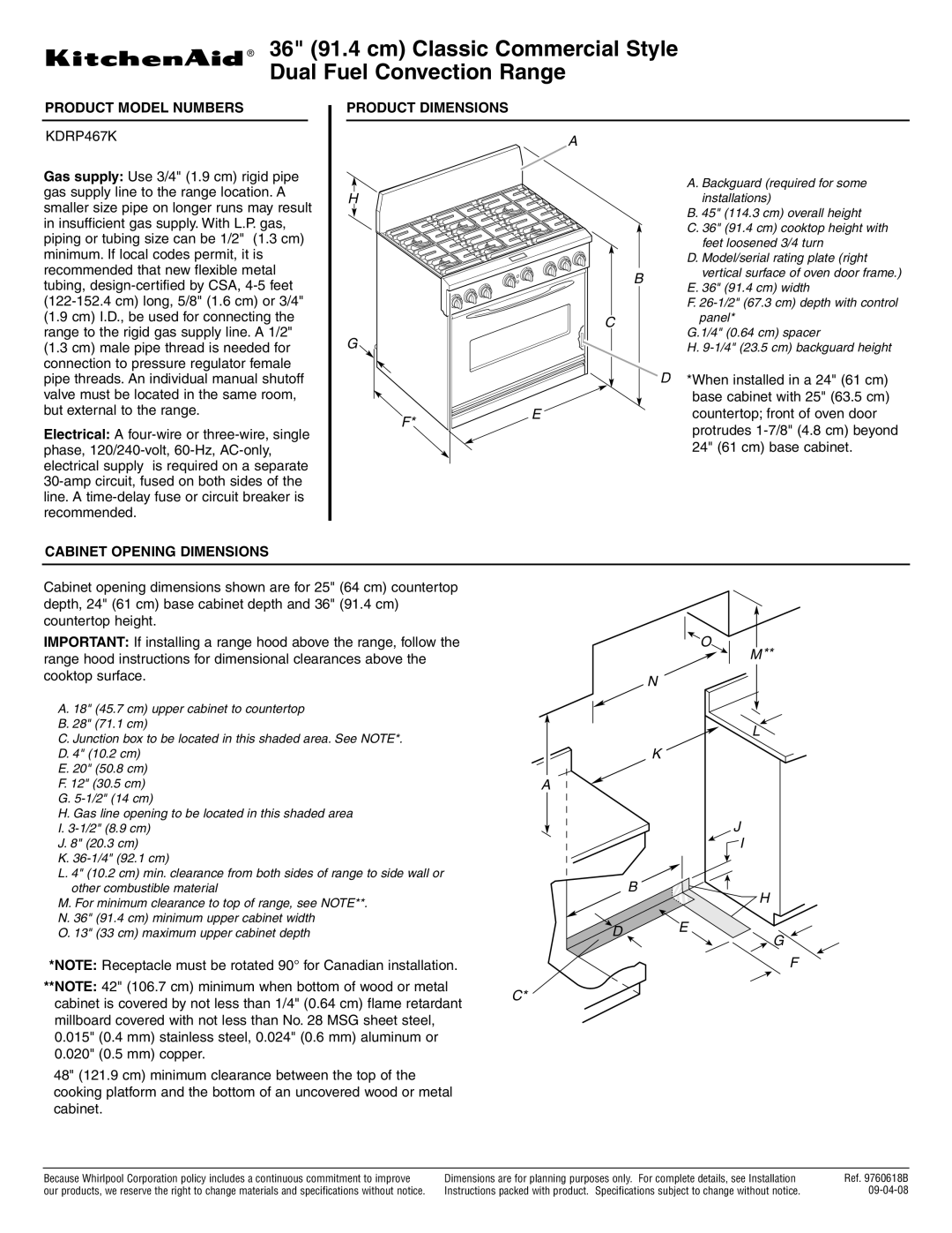 KitchenAid KDRP467K dimensions Product Model Numbers Product Dimensions, Cabinet Opening Dimensions 