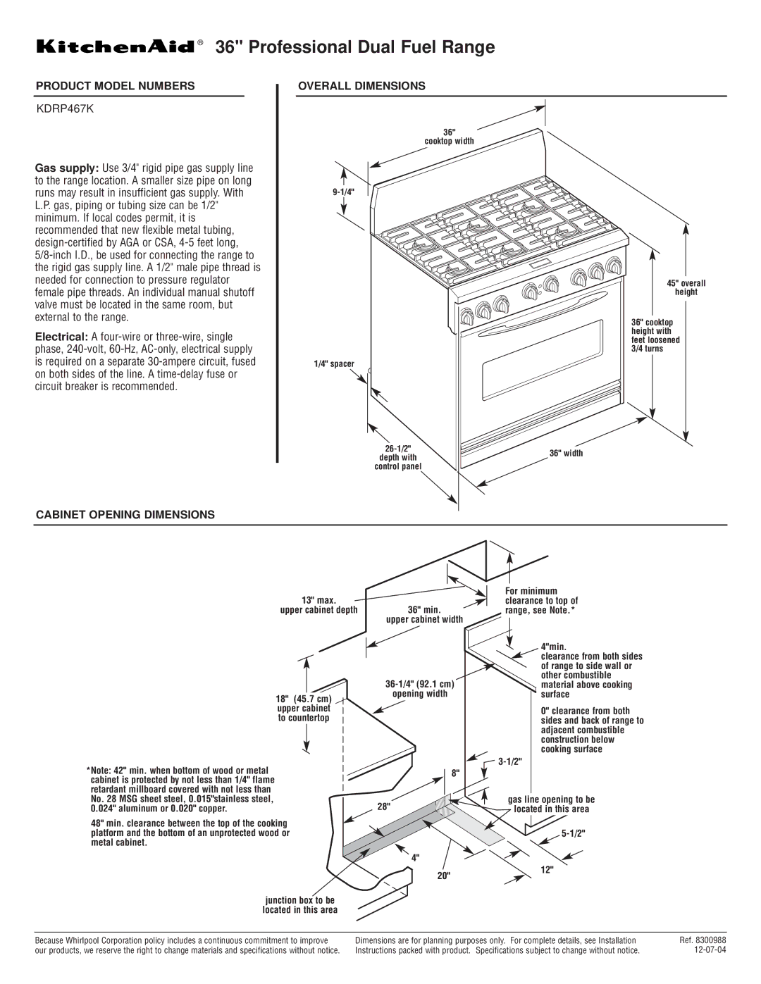 KitchenAid KDRP467K dimensions Professional Dual Fuel Range, Product Model Numbers, Overall Dimensions 