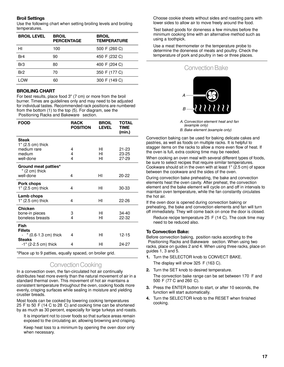 KitchenAid YKDRP467, KDRP487, KDRP463, KDRP462 Convection Cooking, Broil Settings, Broiling Chart, To Convection Bake 