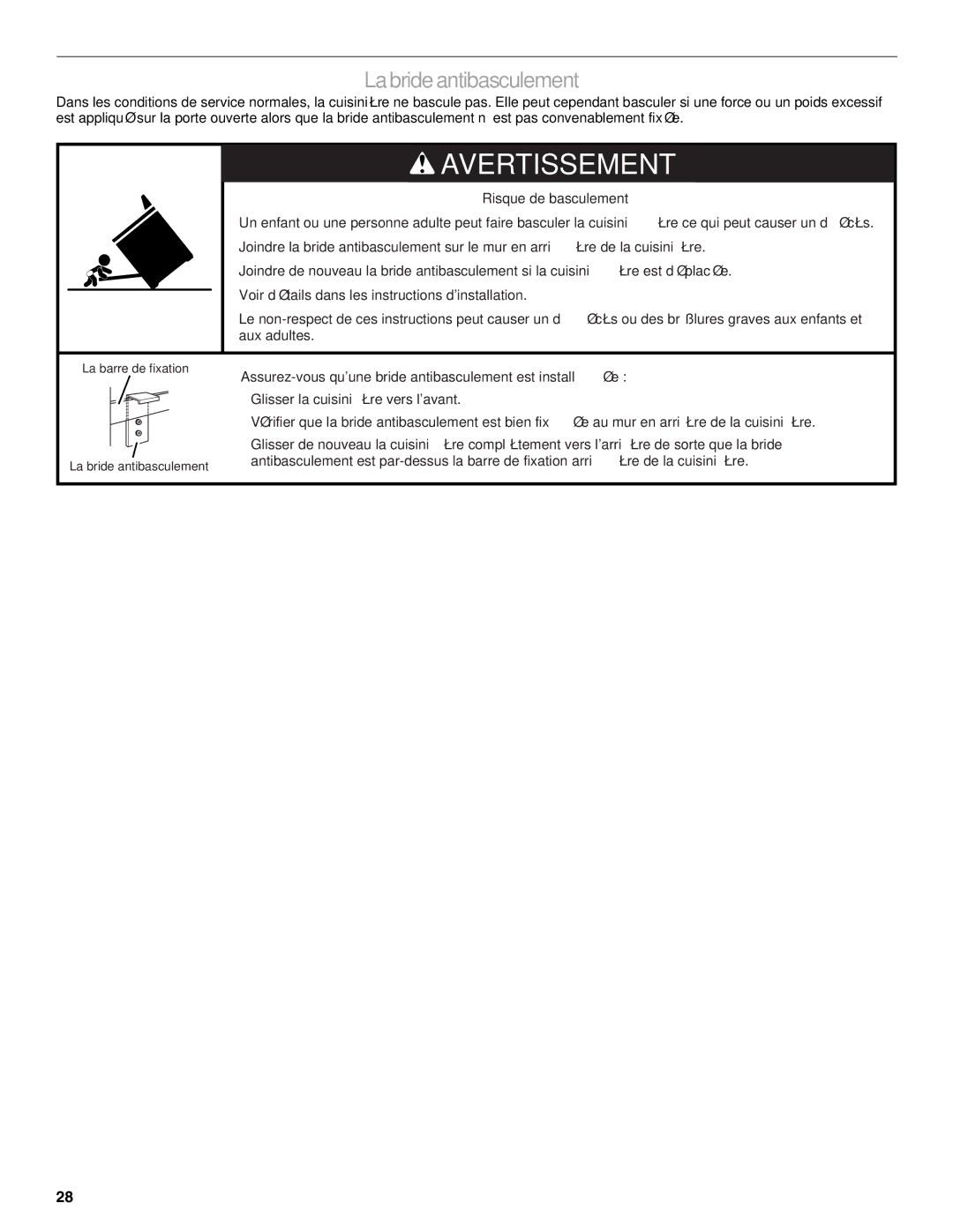 KitchenAid YKDRP407, KDRP487, KDRP463, KDRP462, YKDRP467 manual La bride antibasculement 